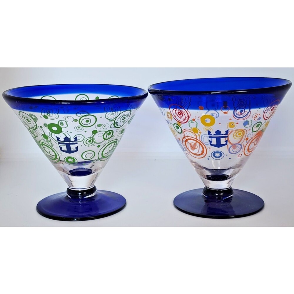 Kosta Boda Royal Caribbean Martini Glass 2009 Hand Blown Drink Bar 2 pc Set Pair